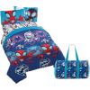 Jay Franco Bluey Twin Size Comforter Set – 4 Piece Bedding Includes Sheet Set, Pillow Covers & Bonus Duffle Bag – Super Soft Kids Bedding with Bingo, Muffin, Coco & Snickers(Blue – Spidey & Friends)