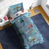 Sunny Side Up Bluey & Friends Toddler Comforter Set – 4 Piece Preschool Bedding Includes Comforter, Sheets & Pillow Cover – Super Soft Microfiber Bed Set(Blue – on the Go)