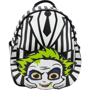 AI ACCESSORY INNOVATIONS Bluey Big Face Mini Cosplay PU Backpack Purse, Shoulder Bag with Epoxy Filled Metal Pineapple Charm, 10.5 Inch, Adjustable Straps, Faux Leather(Beetlejuice)