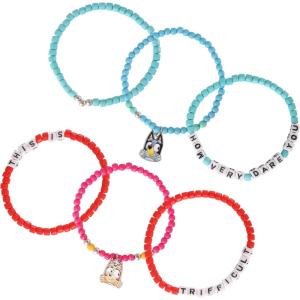 Bingo and Bluey Bracelets for Girls 6-Piece Set Official License, Stretch Friendship Bracelets with Beads and Bluey Charms