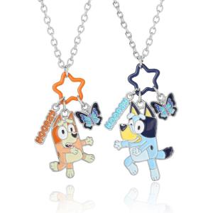 Bingo and Bluey Necklace for Girls 2 Pieces Official License 16″+3.25″, Bluey Jewelry Set for Girls with Hooray and Butterfly Charms