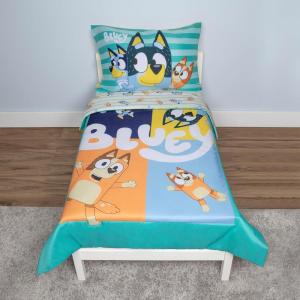 Bluey 4 Piece Toddler Bedding Set – Includes Comforter, Sheet Set – Fitted Top Sheet Reversible Pillowcase for Boys or Girls Bed, Blue(Bluey Blue 4 Pc Toddler Set)