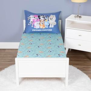 Bluey 4 Piece Toddler Bedding Set – Includes Comforter, Sheet Set – Fitted Top Sheet Reversible Pillowcase for Boys or Girls Bed, Blue(Bluey Sheet Set)