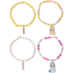 Bluey Bingo Bracelets for Girls 4-Piece Set Official License, Beaded Stretch Bracelets and Bingo Charms(Pink and Yellow)