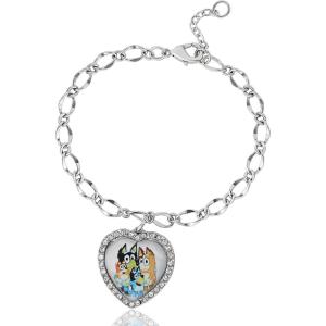 Bluey Bracelet for Girls with Heeler Family Heart Charm Official License, 7″+1″ Heart Bracelet with Clear Crystals