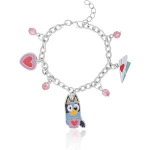 Bluey Charm Bracelet for Girls Official License, 6.5″+1″ Fashion Bracelet with Pink Bead and Heart Charms