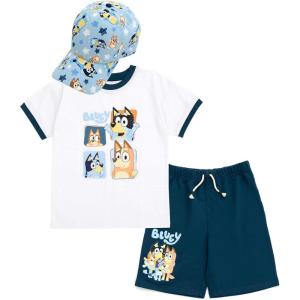 Bluey Drop Shoulder T-Shirt French Terry Shorts and Adjustable Snapback Baseball Cap 3 Piece Outfit Set Toddler to Big Kid(Bluey & Family)