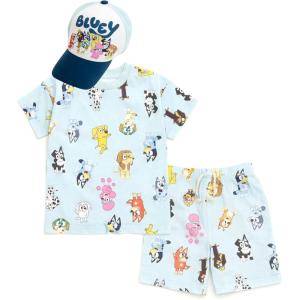 Bluey Drop Shoulder T-Shirt French Terry Shorts and Adjustable Snapback Baseball Cap 3 Piece Outfit Set Toddler to Big Kid(Bluey & Friends)