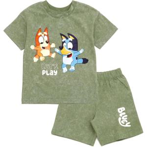 Bluey Drop Shoulder T-Shirt and Shorts Outfit Set Toddler to Big Kid Sizes (2T – 10-12)(Green)