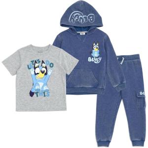 Bluey Fleece Waffle Knit Pullover Hoodie T-Shirt and Jogger Pants 3 Piece Outfit Set Toddler Sizes (2T – 5T)(Blue / Gray)