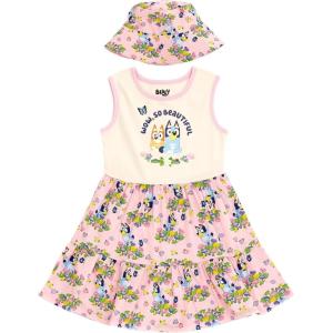 Bluey Floral Girls Dress and Bucket Sun Hat Toddler to Big Kid(Pink)