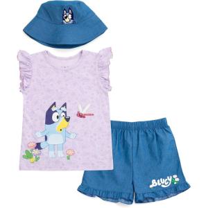 Bluey Floral Girls Tank Top Chambray Shorts and Bucket Sun Hat 3 Piece Outfit Set Toddler to Big Kid(Purple / Blue)