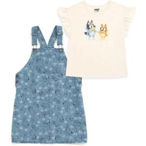Bluey Floral Girls Vintage Wash Denim Overall Dress and T-Shirt Outfit Set Toddler to Big Kid(Blue / White)