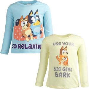 Bluey Girls 2 Pack Long Sleeve T-Shirts Toddler to Big Kid Sizes (2T – 14-16)(Blue / Yellow)