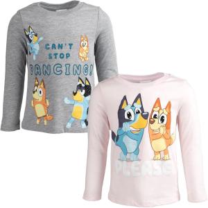 Bluey Girls 2 Pack Long Sleeve T-Shirts Toddler to Big Kid Sizes (2T – 14-16)(Grey/Pink)