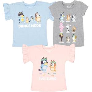 Bluey Girls 3 Pack T-Shirts Toddler to Big Kid Sizes (2T – 10-12)(Blue / Grey / Pink)