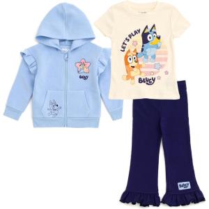 Bluey Girls Fleece Drop Shoulder Zip Up Hoodie, Ribbed T-Shirt & Pants 3 Piece Outfit Toddler to Big Kid Sizes (2T – 10-12)(Blue / Beige)