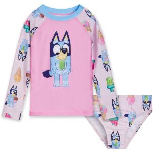 Bluey Girls Raglan Rash Guard and Bikini Bottom UPF 50+ Swim Set Toddler to Big Kid Sizes (2T – 10-12)(Pink)