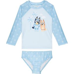 Bluey Girls Raglan Rash Guard and Bikini Bottom UPF 50+ Swim Set Toddler to Big Kid Sizes (2T – 10-12)(Sky Blue)