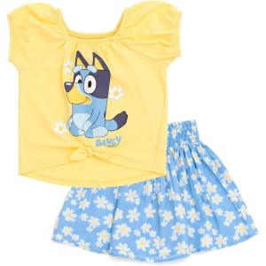 Bluey Girls Square Neck T-Shirt and Smocked Skirt Toddler to Big Kid Sizes (2T – 10-12)(Yellow / Blue  Daisies)