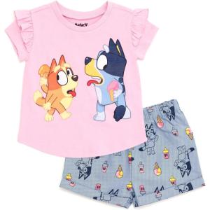 Bluey Girls T-Shirt and Chambray Shorts Outfit Set Toddler to Big Kid Sizes (2T – 10-12)(Pink / Multicolor)