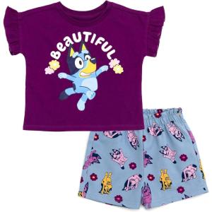 Bluey Girls T-Shirt and Chambray Shorts Outfit Set Toddler to Big Kid Sizes (2T – 10-12)(Plum Purple / Blue)