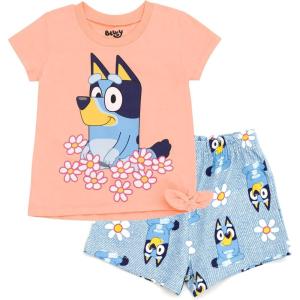 Bluey Girls T-Shirt and French Terry Shorts Outfit Set Toddler to Big Kid Sizes (2T – 10-12)(Pink / Blue)