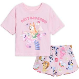 Bluey Girls T-Shirt and French Terry Shorts Outfit Set Toddler to Big Kid Sizes (2T – 10-12)(Pink)