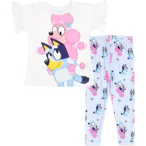 Bluey Girls T-Shirt and Leggings Outfit Set Toddler to Big Kid Sizes (2T – 10-12)(White / Blue)