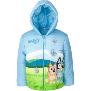 Bluey Girls Zip Up Puffer Jacket Toddler to Little Kid Sizes (2T – 7-8)(Sky Blue)