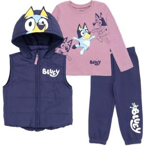 Bluey Girls Zip Up T-Shirt and Jogger Fleece Pants 3 Piece Toddler to Big Kid(Blue / Gray)
