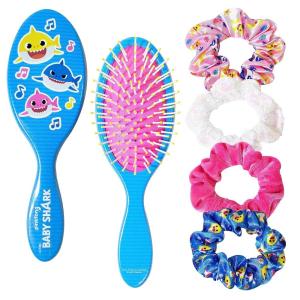 Bluey Hair Accessory 5 Pcs Set – 1 Regular 9 inch Bluey HairBrush For Girls + 4 Bluey Scrunchies For Kids – Accessories For Girls – Detangling Brush – Elastic Hair Ties Ropes Scrunchies Ages 3+(Baby Shark 5 Piece Hair Accessories)