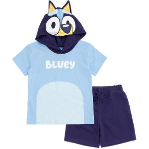 Bluey Hooded Cosplay T-Shirt and French Terry Shorts Outfit Set Toddler to Little Kid(Blue)