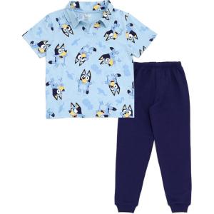 Bluey Polo Shirt and Fleece Jogger Pants Outfit Set Toddler to Big Kid Sizes (2T – 10-12)(Pale Blue / Indigo)