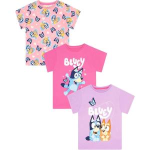 Bluey Shirts 3 Pack, Girls Short Sleeve Shirt for Summer, Pack of 3 Girls Tops, Cotton Kids Tshirt(Pink)
