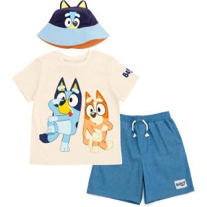 Bluey T-Shirt Chambray Shorts and Twill Bucket Sun Hat 3 Piece Outfit Set Toddler to Big Kid(Blue / Orange)