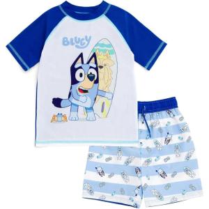 Bluey UPF 50+ Pullover Rash Guard and Swim Trunks Outfit Set Infant to Little Kid Sizes (12 Months – 7-8)(Blue / White)