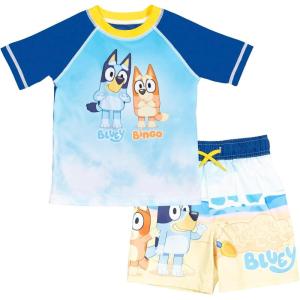Bluey UPF 50+ Pullover Rash Guard and Swim Trunks Outfit Set Infant to Little Kid Sizes (12 Months – 7-8)(Blue)