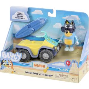 Bluey Vehicle & Figures Ice Cream Cart Toy Playset, Portable Ice Cream Push Cart with 2.5” Articulated Bingo Figure, Play Food Truck for Kids Ages 3+(Beach Quad with Bandit)