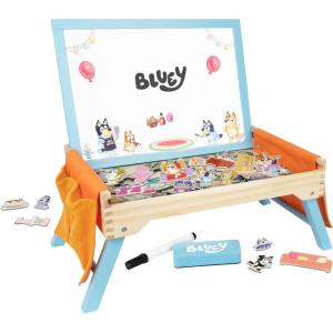 Bluey Wooden Puppet Theater for Kids Playset, 20″ Kids Pretend Stage Puppets, Interchangeable Fabric Backdrops & Roll-Down Curtain(Magnetic Board)