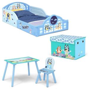 Delta Children – Bluey 4-Piece Toddler Room-in-a-Box Set – Includes Sleep and Play Toddler Bed, Table, 1 Chair and Fabric Toy Box, Blue(Bluey)