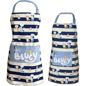 Handstand Kitchen Bluey and Bingo 100% Cotton Blue Stripe Print Patch Pocket Adult and Child Apron Set