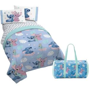 Jay Franco Bluey Twin Size Comforter Set – 4 Piece Bedding Includes Sheet Set, Pillow Covers & Bonus Duffle Bag – Super Soft Kids Bedding with Bingo, Muffin, Coco & Snickers(Blue – Stitch)