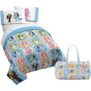 Jay Franco Bluey Twin Size Comforter Set – 4 Piece Bedding Includes Sheet Set, Pillow Covers & Bonus Duffle Bag – Super Soft Kids Bedding with Bingo, Muffin, Coco & Snickers(Multi – Bluey)