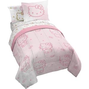 Jay Franco Bluey & Bingo Twin Comforter Set – 5 Piece Bed Set Includes Sheet Set & Pillow Covers – Super Soft Clouds & Stars Kids Bedding(Pink – Hello Kitty)