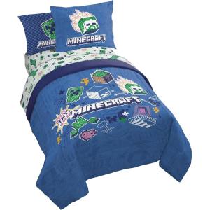 Jay Franco Kids Comforter Set Includes Sheets and Pillow Covers – Soft and Cozy Bed Set for Stylish Room Decor, Blue – Bluey & Bingo, 7 Piece Full(Blue – Minecraft 02)