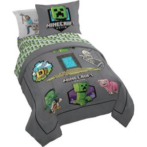 Jay Franco Kids Comforter Set Includes Sheets and Pillow Covers – Soft and Cozy Bed Set for Stylish Room Decor, Pink – Bluey 7 Piece Queen Size Bedding(Grey – Minecraft Movie)