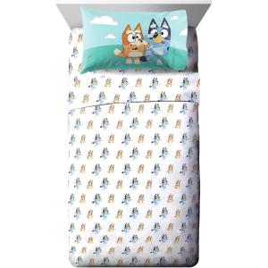 Jay Franco Kids Sheet Set with Fitted, Flat Sheets & Pillow Cover – Ultra-Soft Bedding with Pillowcase for Room Decor, White – Bluey, 4 Piece Full(White – Bluey)
