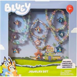 LUV HER Bluey Girl’s Jewelry Set – Dress up Toy Jewelry Box Set with Bead Necklace, Bracelet and Ring – Play Accessories – Ages 3+(Blue  Green  Purple  Pink)