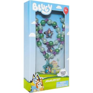 LUV HER Bluey Girl’s Jewelry Set – Dress up Toy Jewelry Box Set with Bead Necklace, Bracelet and Ring – Play Accessories – Ages 3+(Green  Purple  Blue)